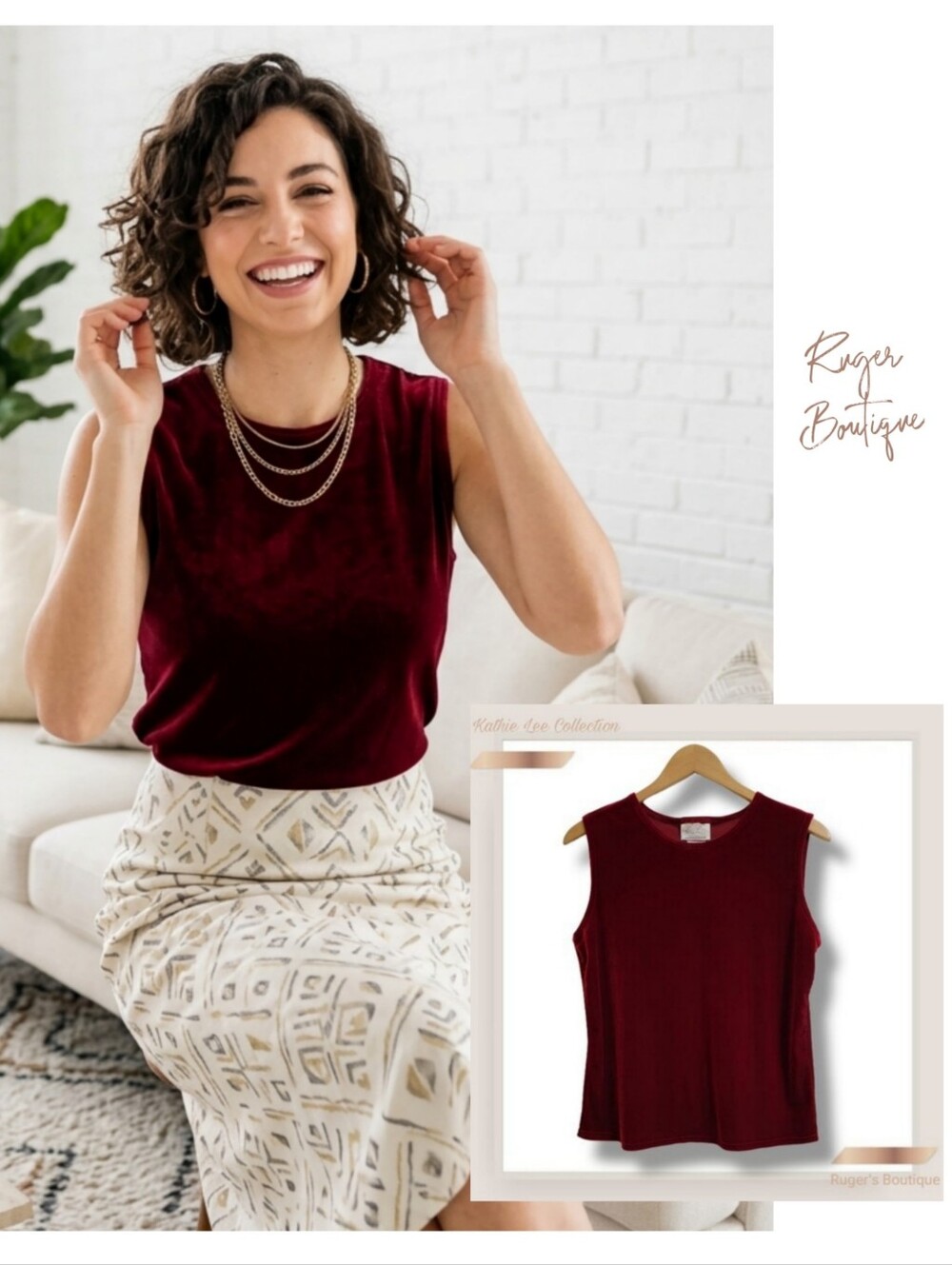 🌿Vintage Kathie Lee Collection Women's Large Red Velvet Sleeveless Top